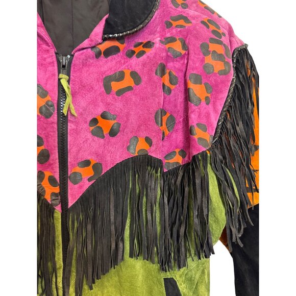 Vintage Char Womens Genuine Leather Fringe Jacket S Multicolor Animal Print Sant - Picture 6 of 12
